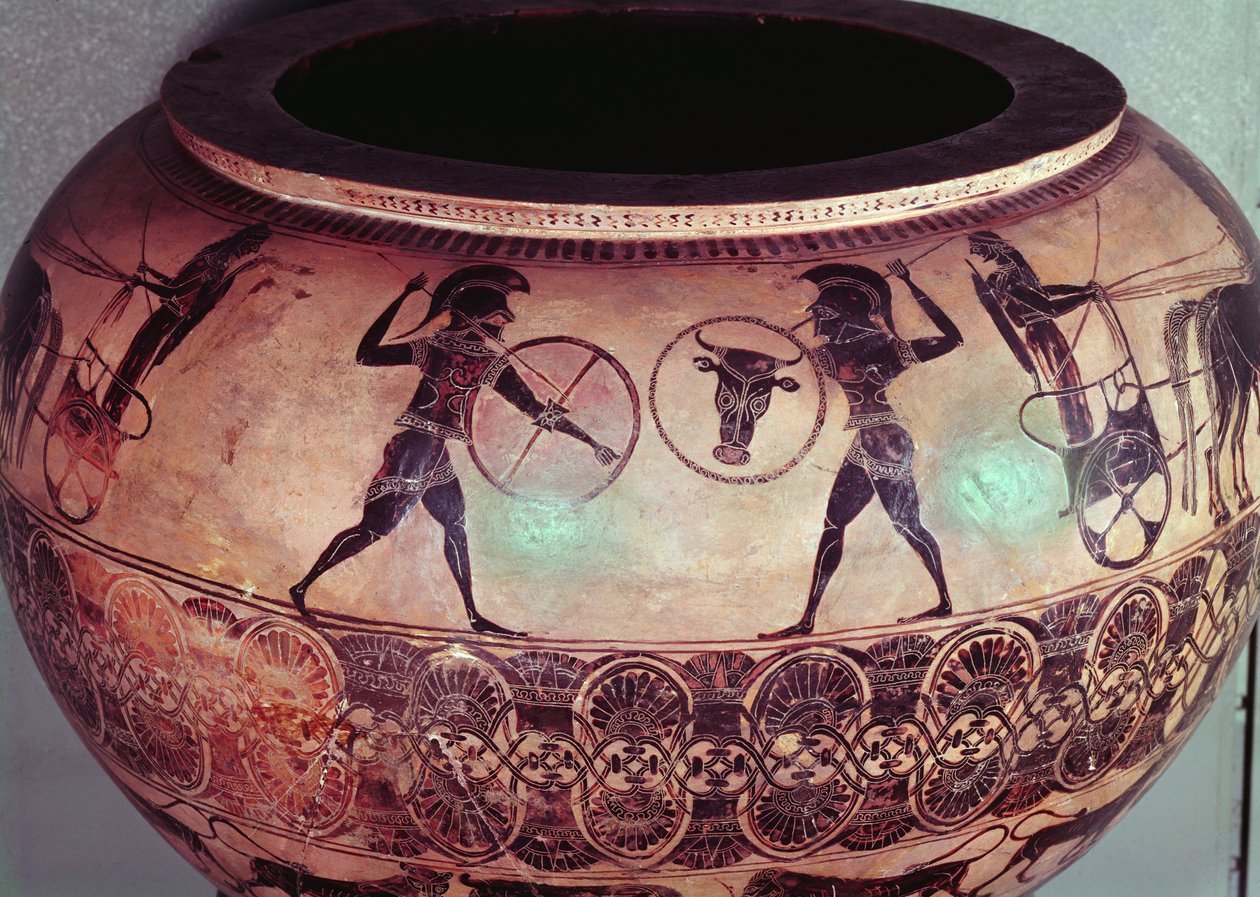 Dinos que representa a Perseo y las Gorgonas, (detalle) mostrando hoplitas luchando entre sus carros, c.580 a.C. de Greek
