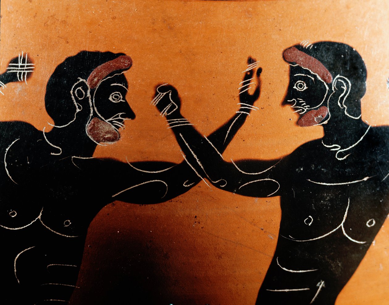 Arte griego: Ánfora de terracota panatenaica: (detalle) que representa una batalla de pugilato. Tumba del guerrero de Vulci. Siglo VI a.C. Roma, Museo Nacional de Villa Giulia de Greek