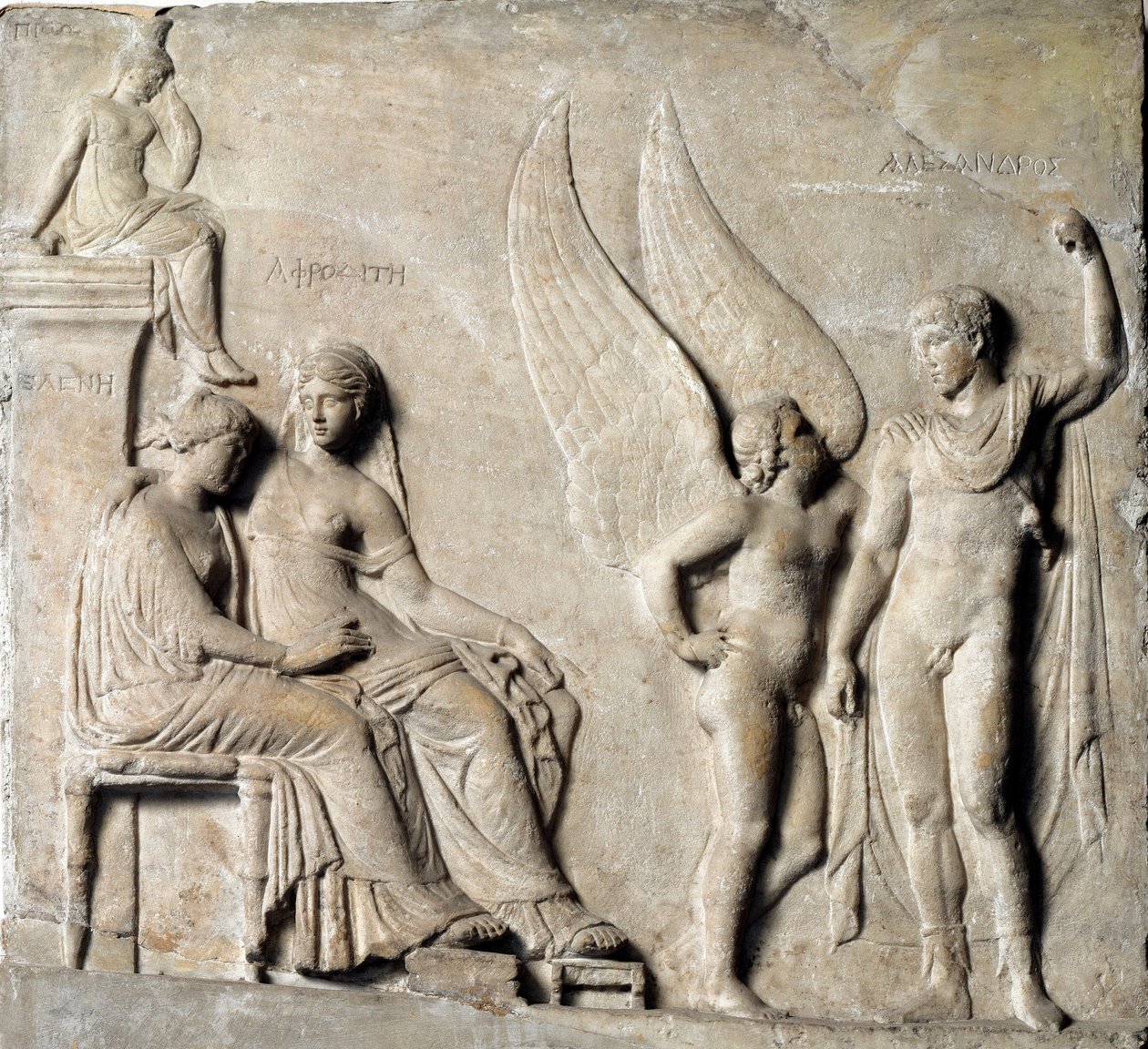 El príncipe de Esparta París seduce a Helena de Troya, Afrodita está representada. Relieve de mármol de un original griego. Siglo I a.C. Museo Arqueológico Nacional, Nápoles de Greek