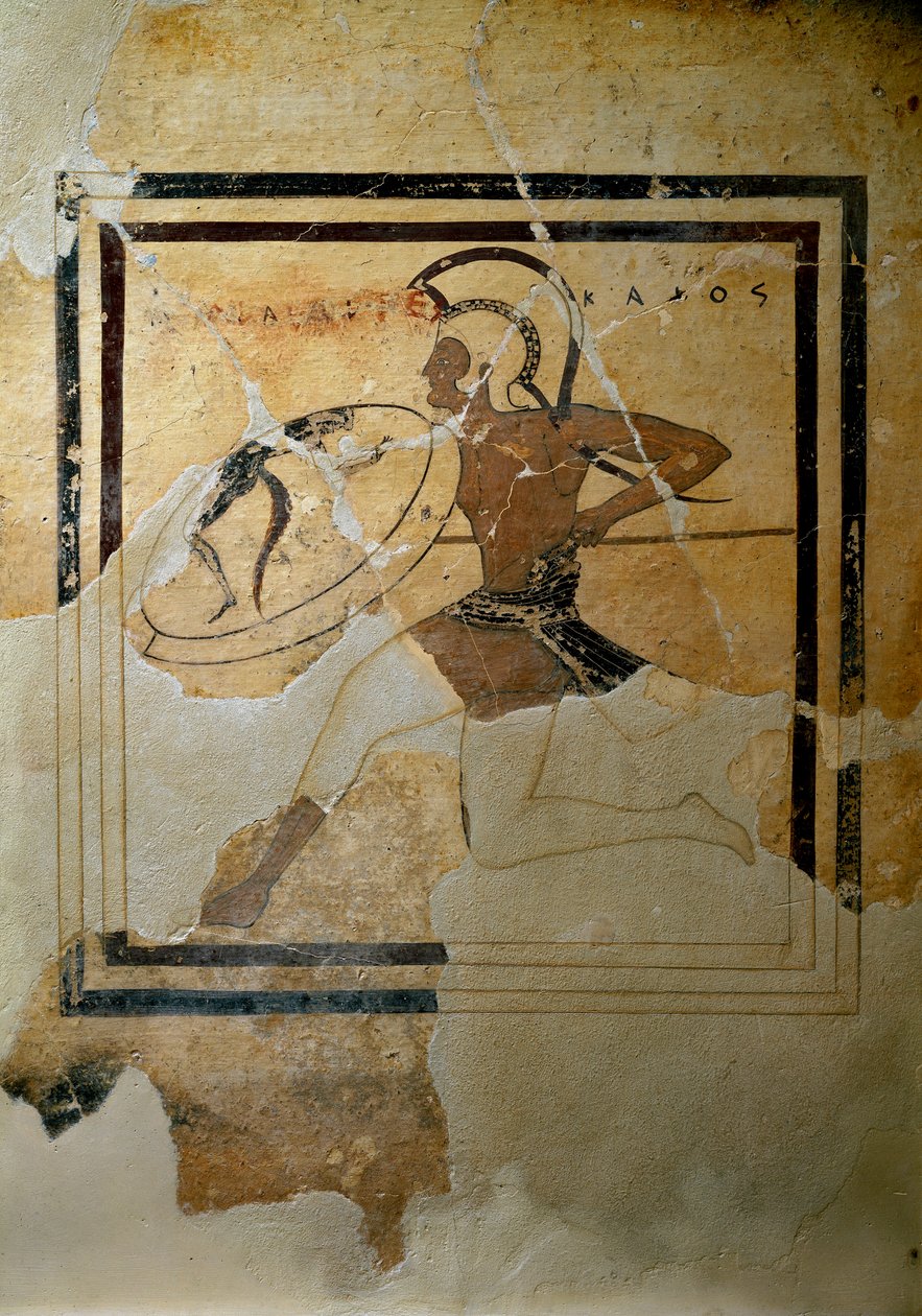 Arte griego: pinax (tablilla votiva) de terracota representando a un hoplita en plena carrera 520-510 a.C. Dim. h. 65,5 cm Atenas, Museo de la Acrópolis (inv. 67) de Greek