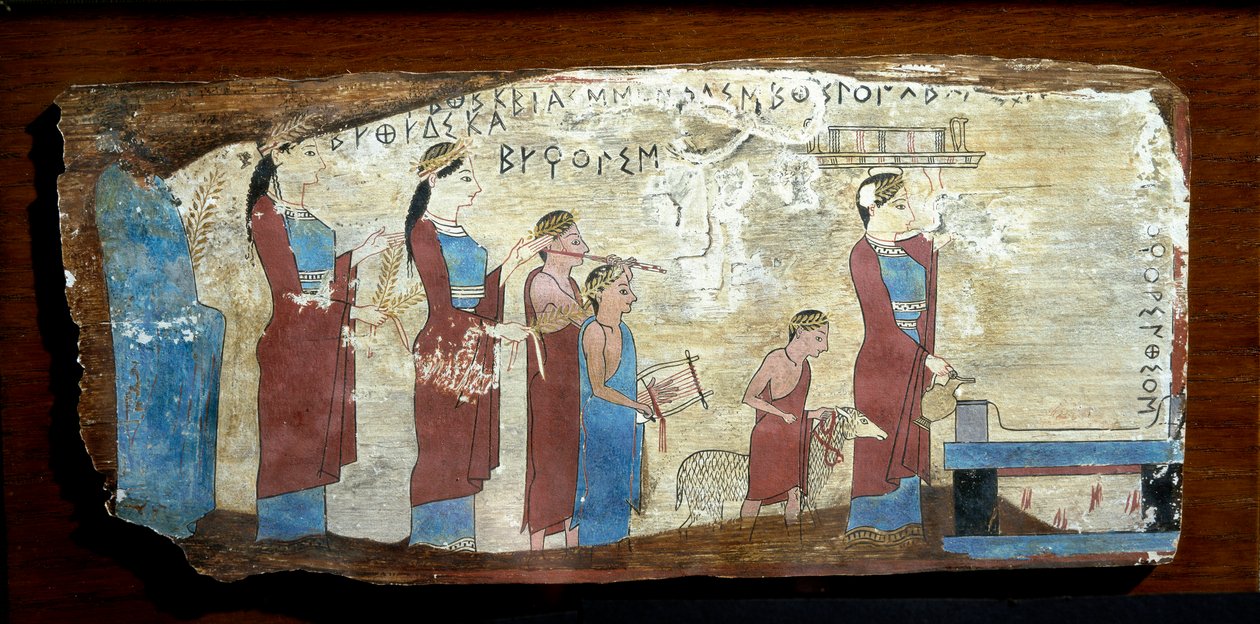 Sacrificio de un cordero. Pintura en madera de Sicyon en el Golfo de Corinto. Siglo VI a.C. Atenas, Museo Arqueológico Nacional de Greek