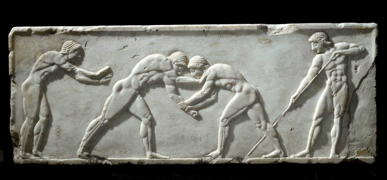Arte griego: base de kouros representando luchadores durante una pelea. Relieve de mármol, 510-500 a.C. - Atenas, museo arqueológico de Greek