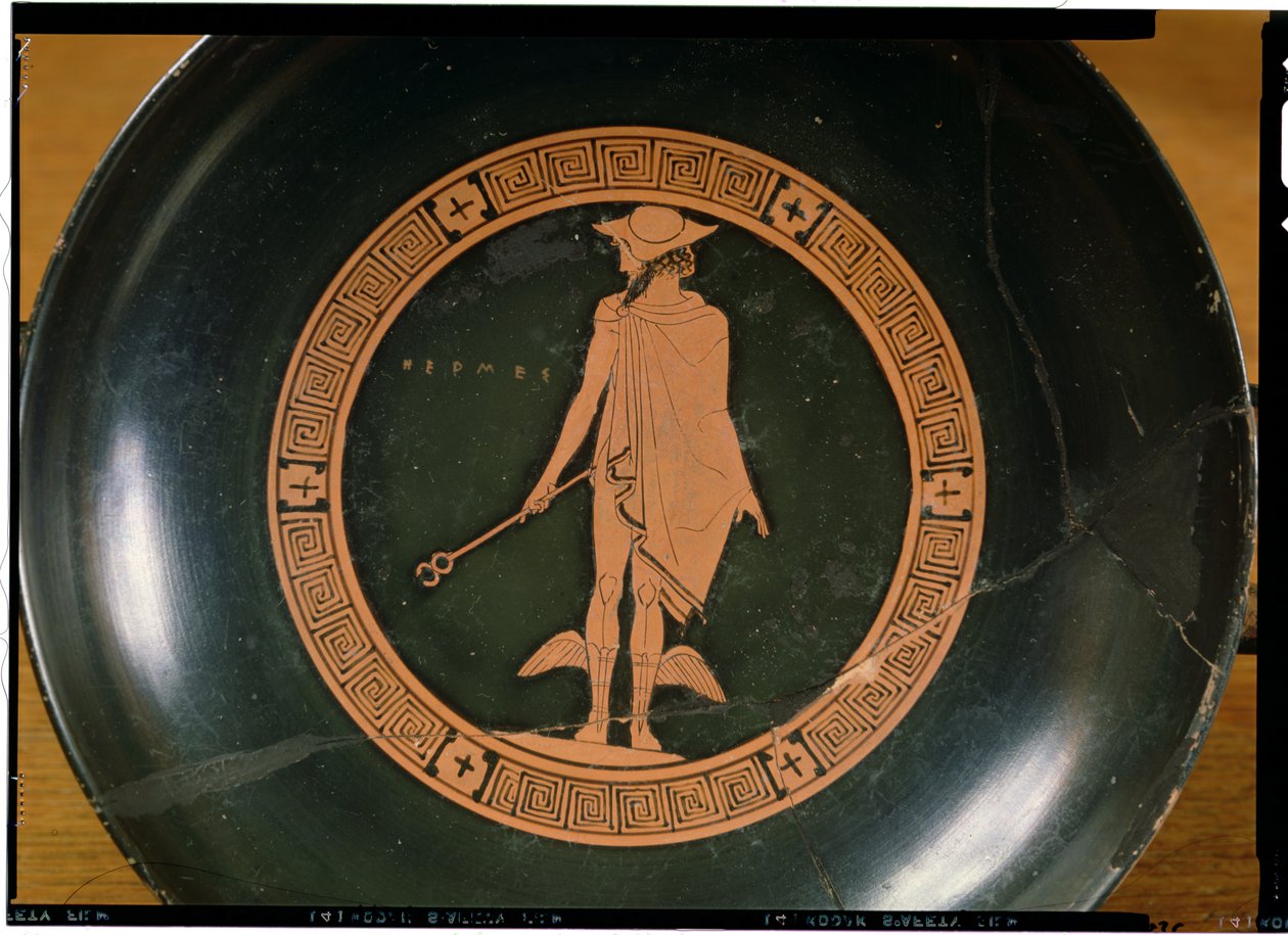 Copa de figuras rojas griegas, que representa al dios Hermes de Greek