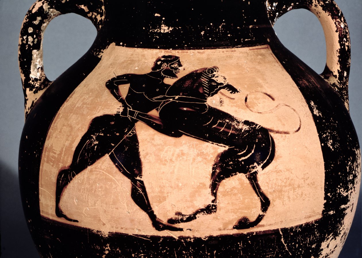 Heracles luchando con el león de Nemea, detalle de una ánfora ática de figuras negras de Greek
