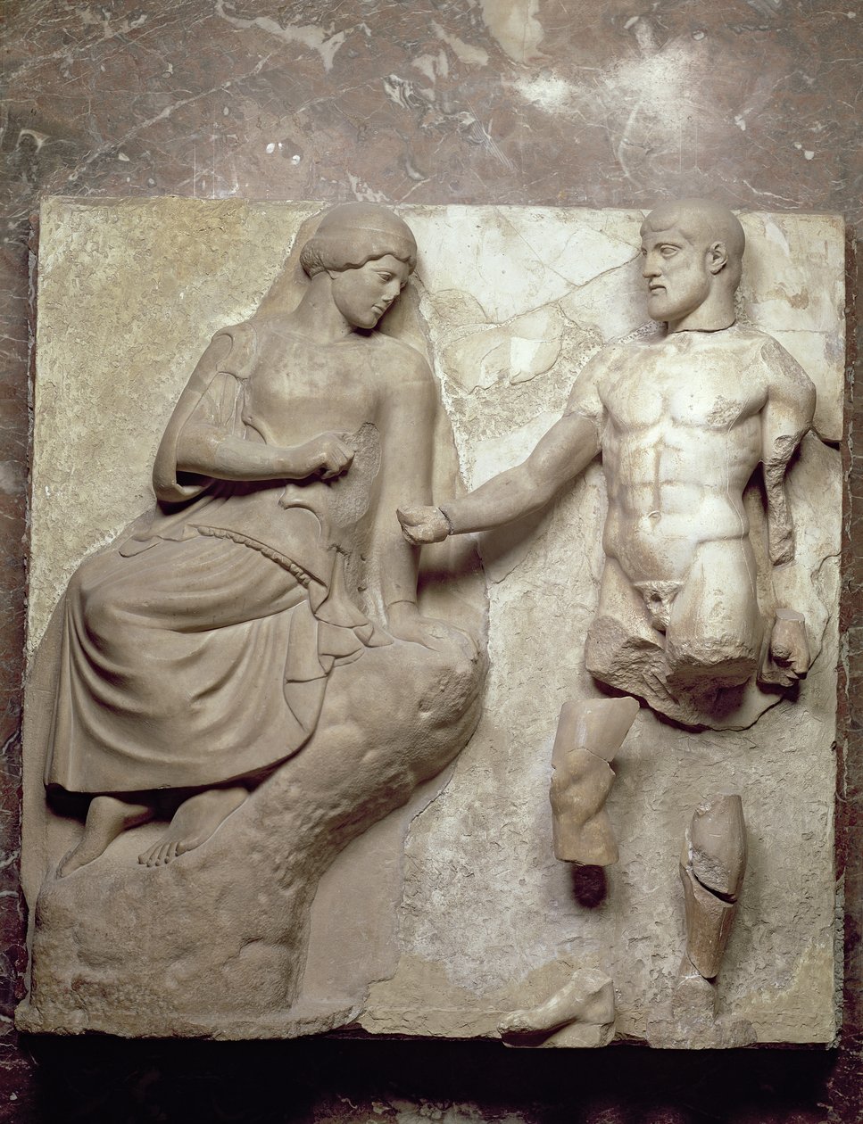 Hércules y Minerva, una de una serie de metopas que representan los Trabajos de Hércules del Templo de Zeus en Olimpia, Período Clásico Temprano, c.470-457 a.C. (mármol de Paros) de Greek