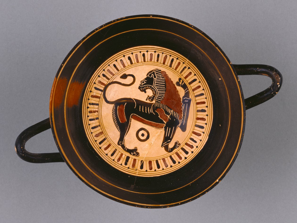 Kylix de figuras negras laconianas atribuido al pintor Hunt, c.540 a.C. (terracota) de Greek