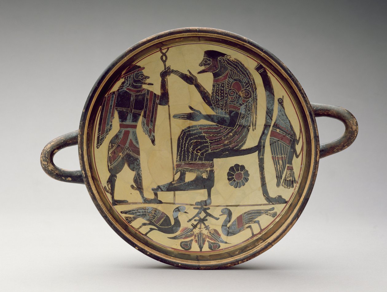Copa Kylix laconiana que representa a Zeus y Hermes, c.550-530 a.C. (arcilla) de Greek
