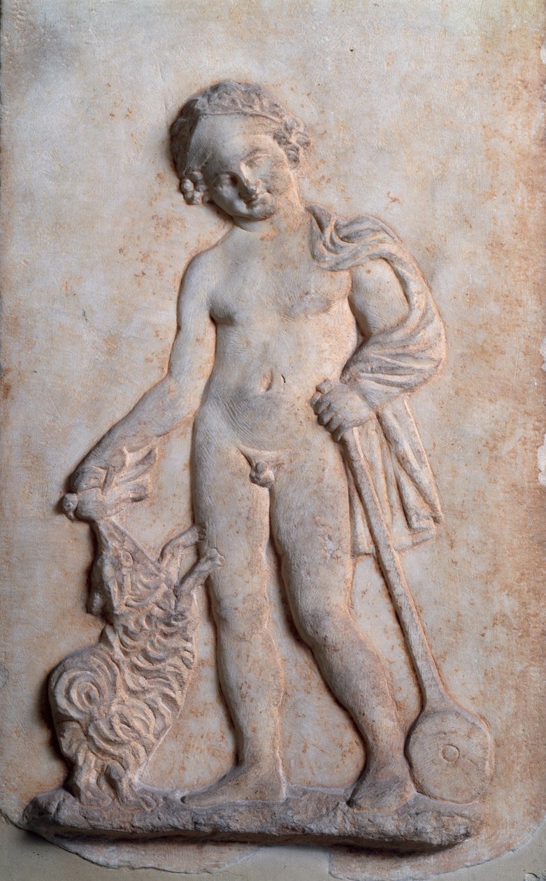 Magna Grecia: niño pequeño jugando, relieve de mármol, siglo V a.C. de Greek