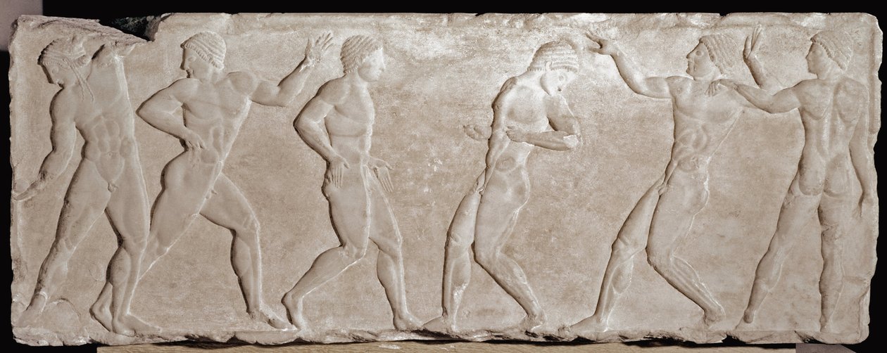 Relieve de mármol de un kouros funerario que representa a seis atletas. 510-500 a.C. De la acrópolis de Atenas. Museo Nacional de Arqueología, Atenas de Greek