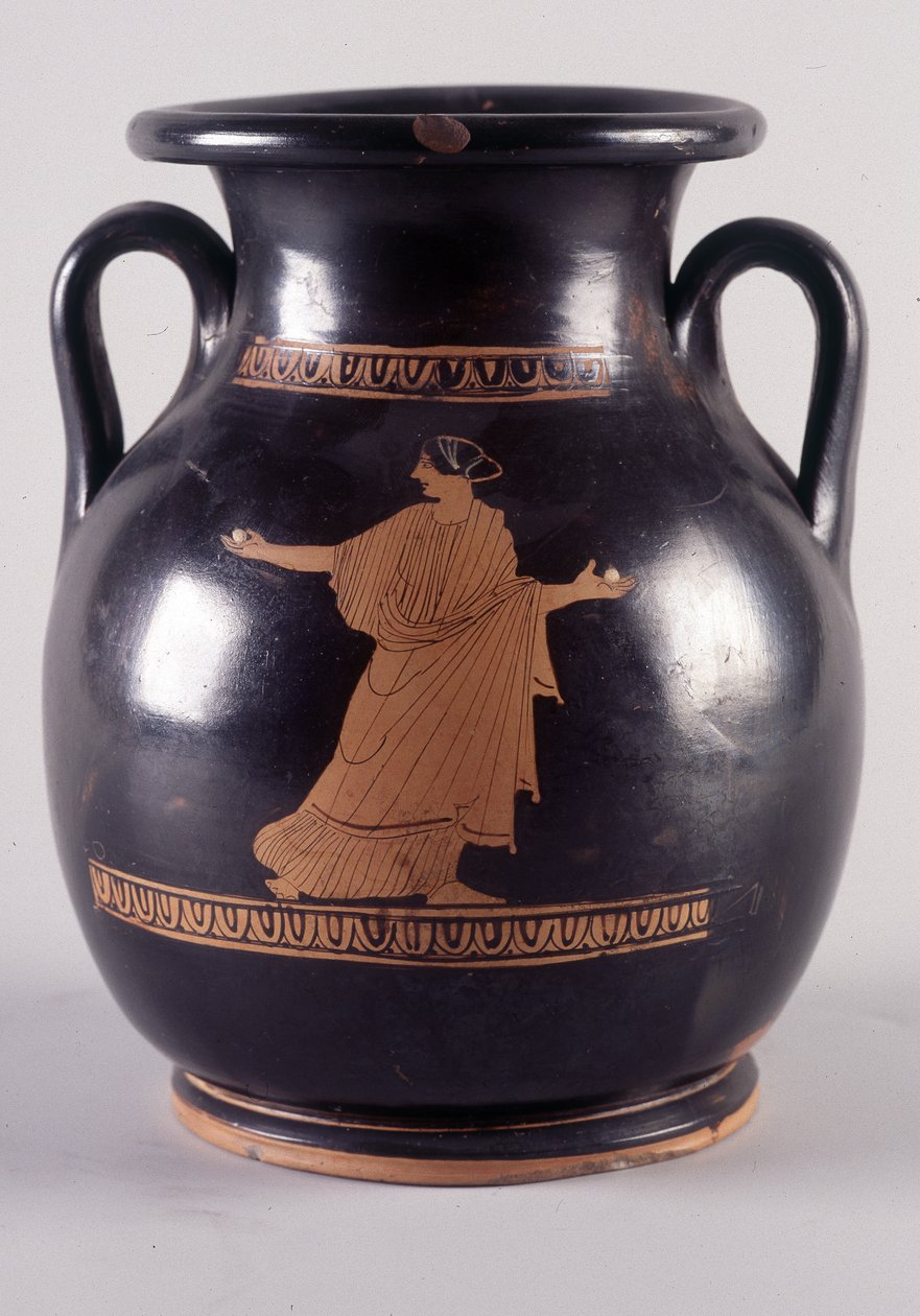 Pintura en jarrón: Representación de Orithye, jugando a la pelota, ella es la hija del rey de Atenas. Es perseguida por Borée representado en el otro lado del jarrón (35250), 440 a.C. BNF, Oficina de Medallas de Greek