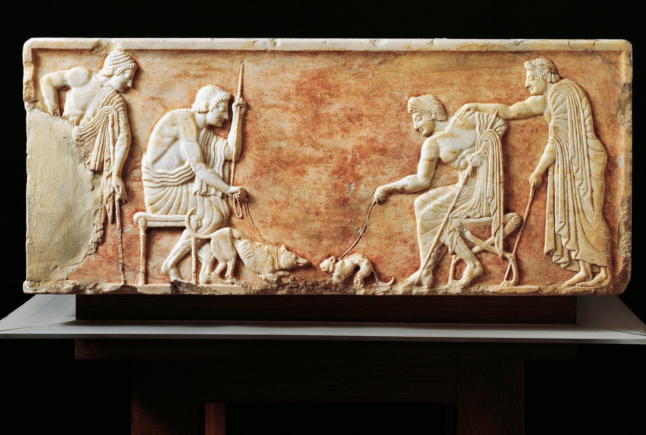 Estela que representa lucha entre perro y gato, 510 a.C. de Greek