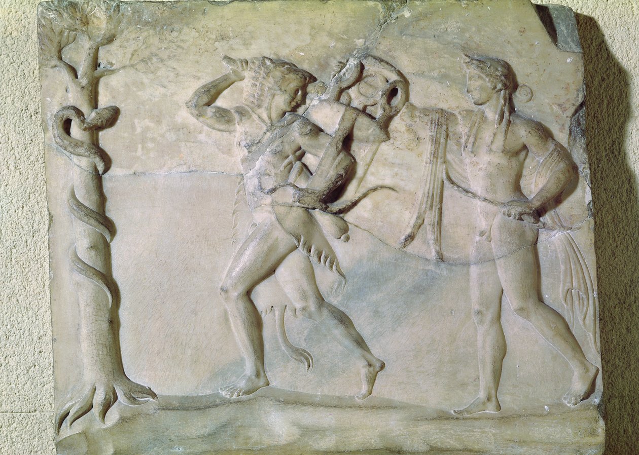 Tabla que representa a Hércules llevándose el trípode délfico frente a Apolo de Greek