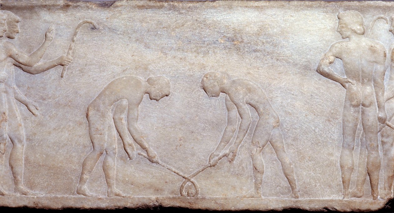 Arte de la Antigua Grecia: Juego de pelota con lacrosse (principio del hockey actual). Bajo relieve. Museo Arqueológico de Atenas de Greek