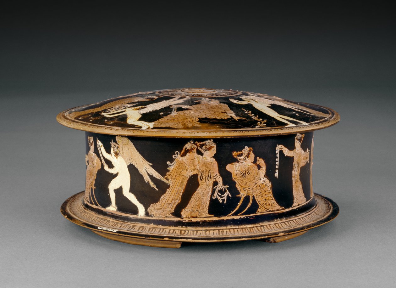 Píxide de figuras rojas del Ática decorada con mujeres y erotes o cupidos, cerca del pintor Meidias, finales del siglo V a.C. de Greek School