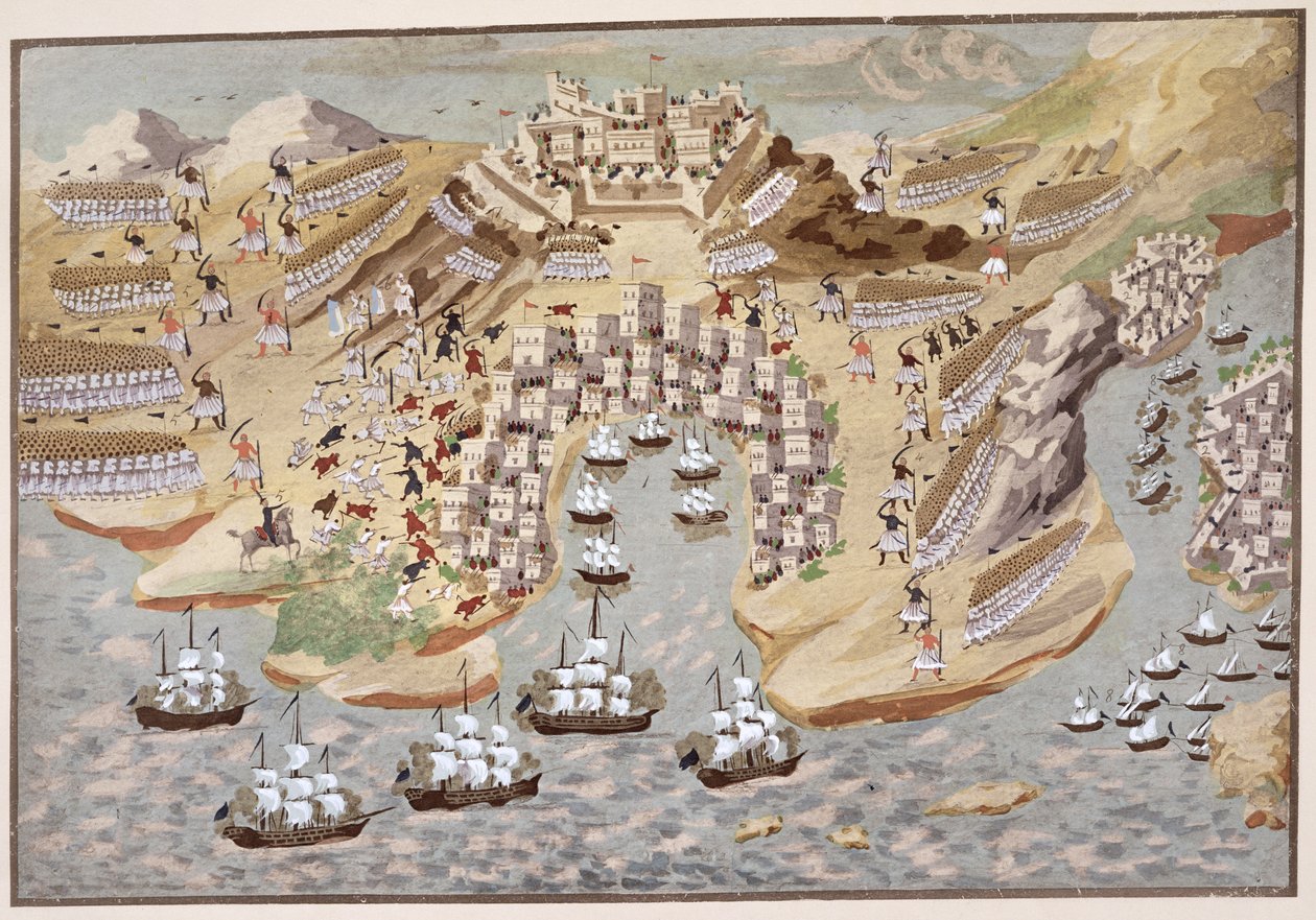 Vista aérea del oeste de Grecia centrada en Vonitsa, de la Historia Pictórica de la Guerra de Independencia Griega de Greek School