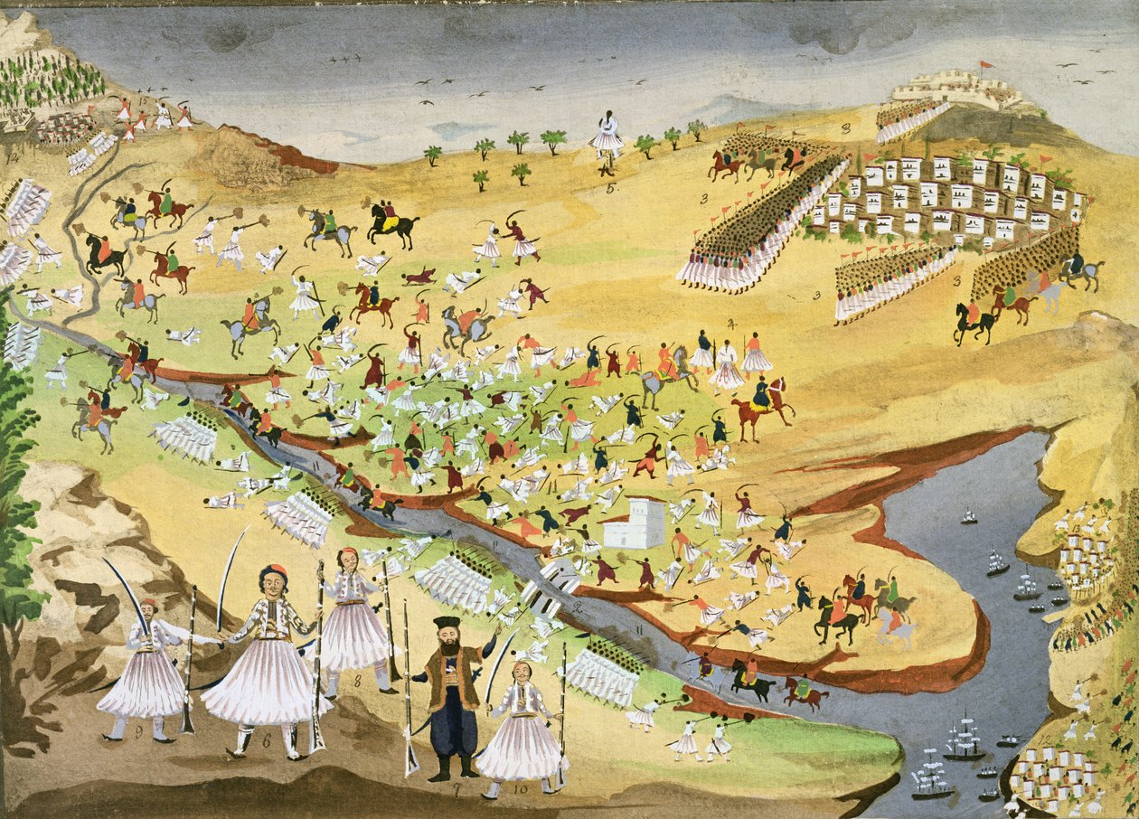 Primera batalla entre griegos y turcos, en el Puente de Alamana en 1821, de la Historia Pictórica de la Guerra de Independencia Griega de Greek School