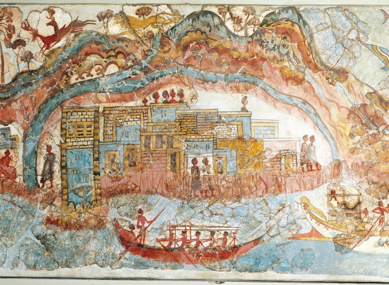 Fresco que representa una procesión de barcos de Akrotiri, Isla de Thera, Santorini, Grecia, detalle, una ciudad costera de Greek School