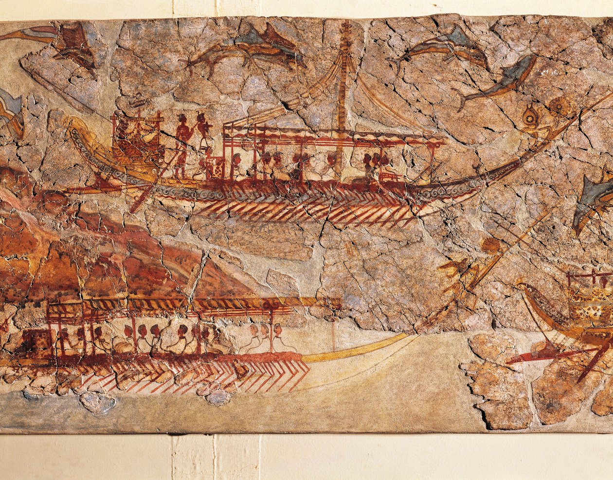 Fresco que representa una procesión de barcos, de Akrotiri, isla de Thera, Santorini, Grecia, detalle, barcos de Greek School