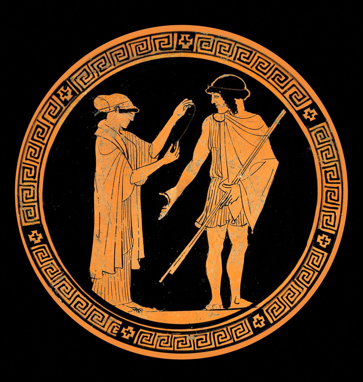 Conversación galante, decoración de una cerámica con figuras rojas. Siglo V a.C. de Greek School