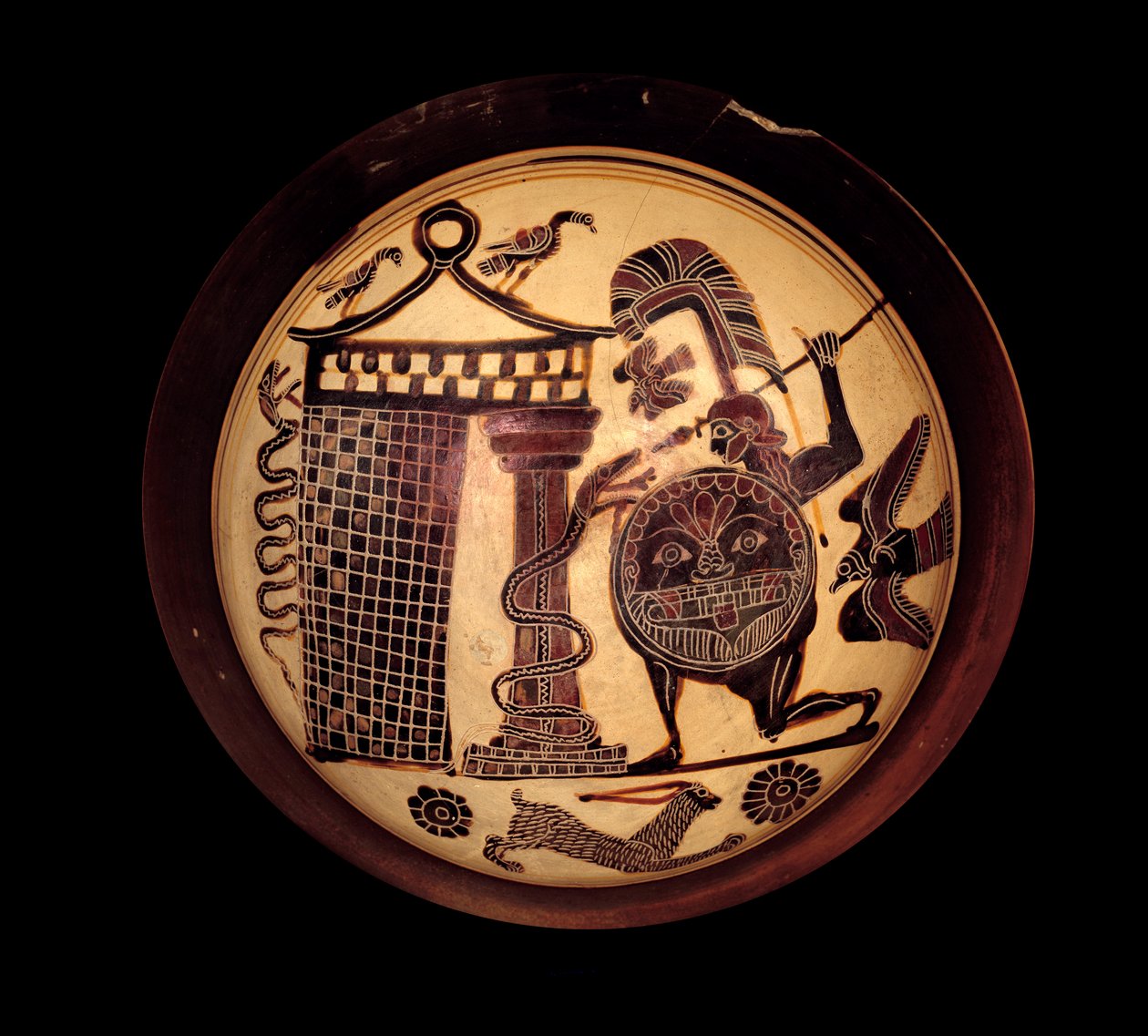 Arte griego: copa laconia con figuras negras representando a Cadmo luchando contra el dragón de Tebas o Apolo y la serpiente Pitón de Greek School