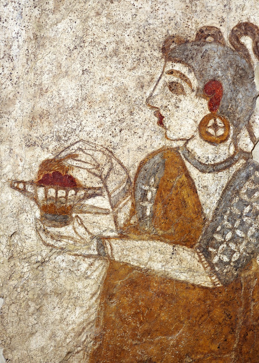 Civilización griega, fresco que representa a una sacerdotisa quemando incienso, procedente de Akrotiri, isla de Thera, Santorini, Grecia. de Greek School