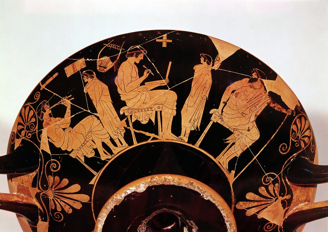 Maestros y alumnos de la escuela ateniense, Vasija con figura roja (cerámica) de Greek School