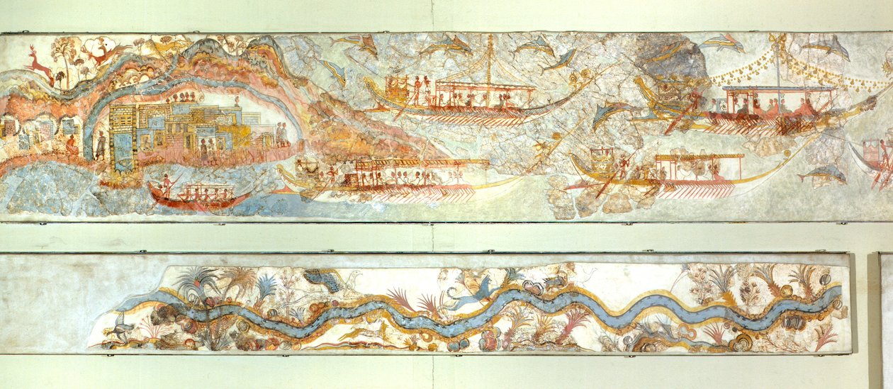 Expediciones navales y paisaje fluvial, fresco de Akrotiri, Thera (hoy Santorini), Grecia, Civilización minoica de Greek School