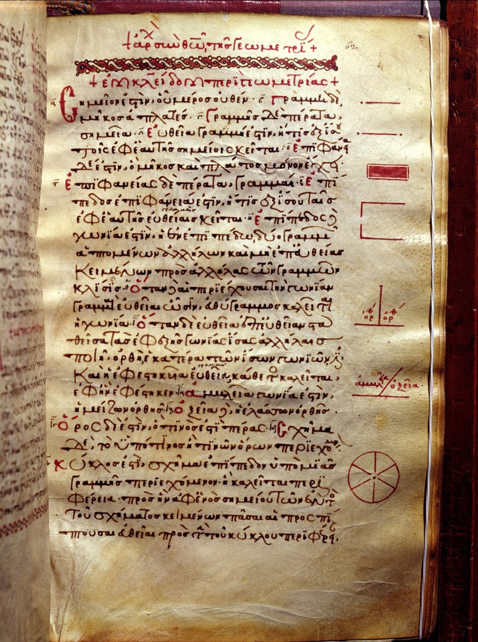 Página de texto con figuras geométricas, de Geometría por Euclides (siglo III a.C.) de Greek School
