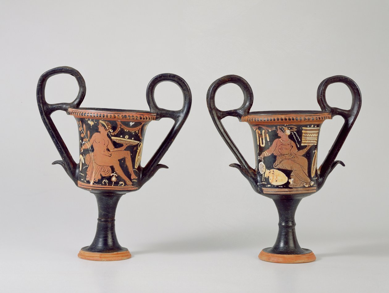 Kantharos de figuras rojas que representa a un joven y kantharos que representa a una mujer, c.310 a.C. (cerámica) de Greek School