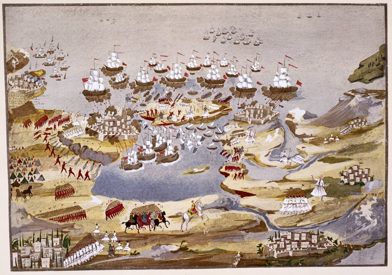 Asedio y Batalla Naval, placa 13 de Historia Pictórica de la Guerra de Independencia Griega por el General Makryjannis de Greek School