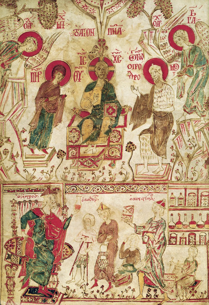 El Doctor Bizantino Myrepsos recibiendo a los pacientes, de un manuscrito griego, siglo XIII de Greek School