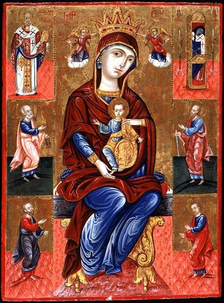 Virgen de Skopiotisa entronizada con Cristo y seis santos, c.1700 de Greek School