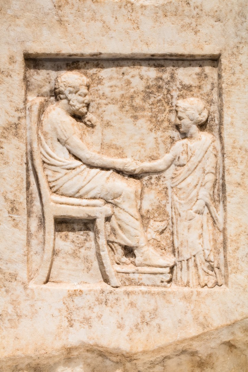 Estela funeraria: niña y su padre con un perro (Mármol) de Greek School