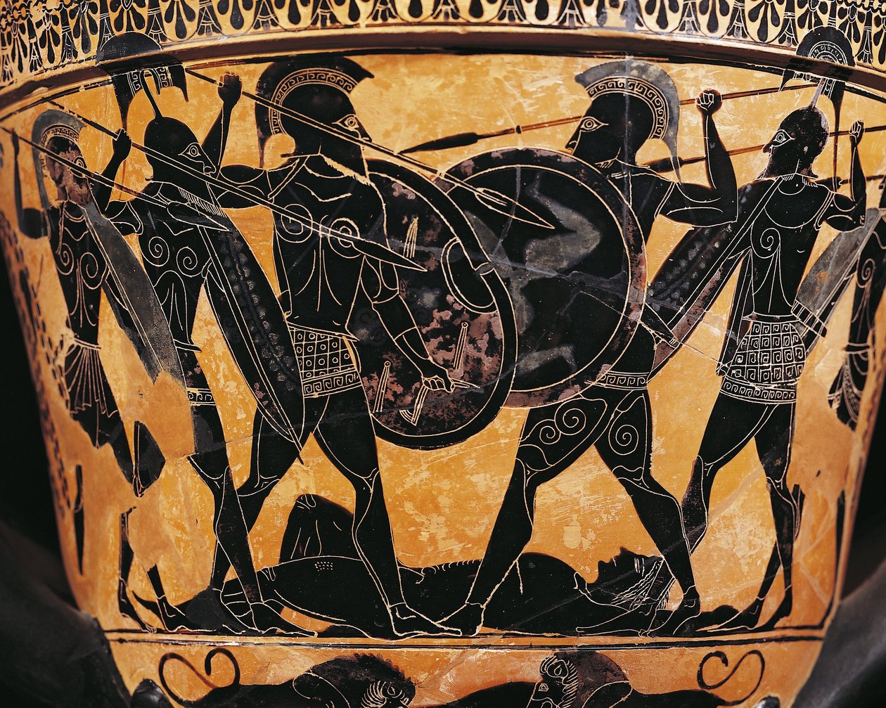 Civilización griega, Cerámica de figuras negras, Krater que representa la lucha por el cuerpo de Patroclo, De Farsala, Grecia de Greek School