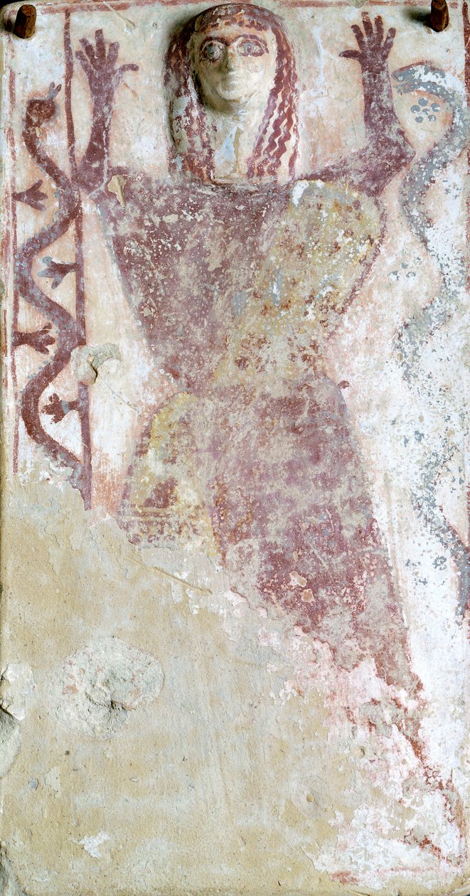 Pintura policroma sobre pinax y relieve que representa a una deidad femenina con serpiente procedentes del Ágora de Atenas, Grecia, Civilización griega, siglo VII a.C. de Greek School