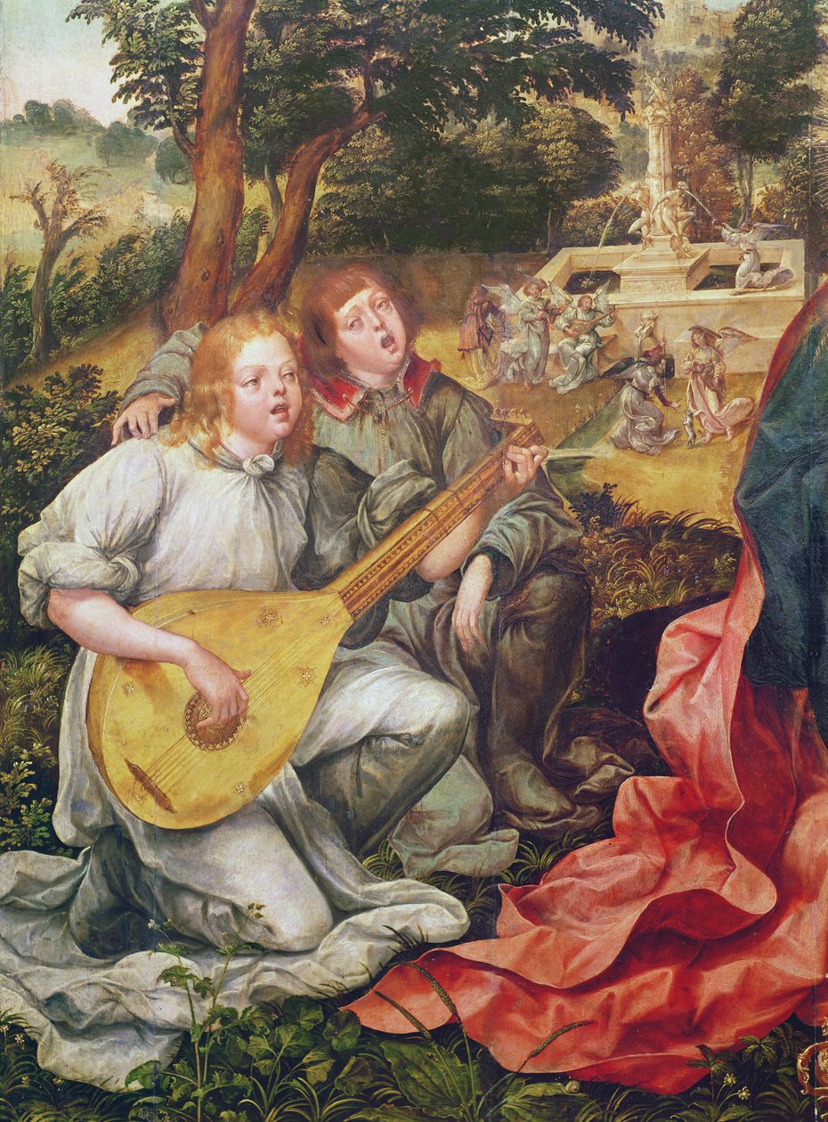 Virgen y Niño con Ángeles, detalle de Músicos Ángeles, 1536-38 de Gregorio Lopez