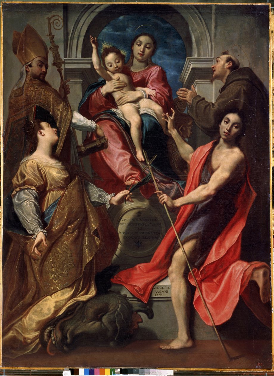La Virgen y el Niño con los Santos Francisco de Asís, San Juan Bautista, Santa Margarita de Antioquía y San Gregorio Magno (La Virgen y el Niño con los Santos Francisco de Asís, Juan Bautista, Margarita y Gregorio Magno). Pintura de Gregorio Pagani (15 de Gregorio Pagani