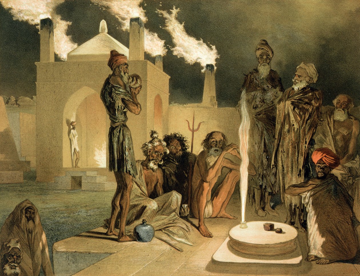 Ateseh-Gah, indios dedicados al culto del fuego, Bakú, placa 44 de un libro sobre el Cáucaso, grabado por Leroux, publicado por Alfred Leon Lemercier, 1847 de Grigori Grigorevich Gagarin