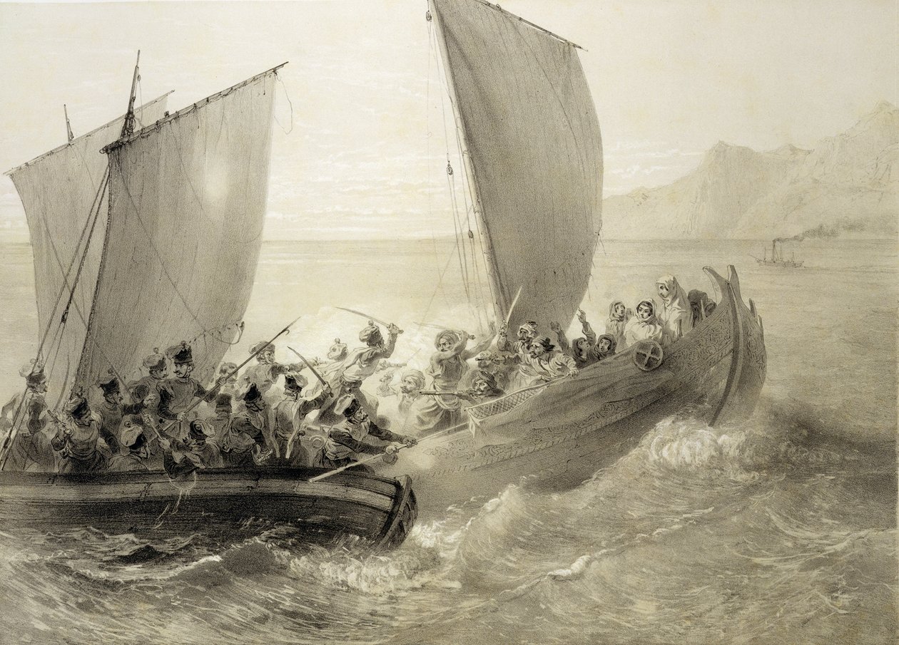Cosacos de Azov abordando un Corsario Turco lleno de mujeres Cherkessk en la Costa del Mar Negro, grabado por Adolphe Bayot y Leon Sabatier, publicado por Alfred Leon Lemercier, 1847 de Grigori Grigorevich Gagarin