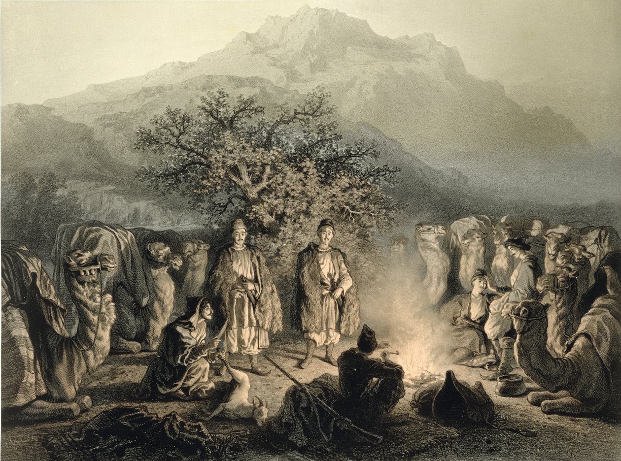 Caravana de comerciantes armenios, Transcaucasia, lámina 33 de un libro sobre el Cáucaso, grabado por Fortune Ferogio, publicado por Alfred Leon Lemercier, París, 1847 de Grigori Grigorevich Gagarin