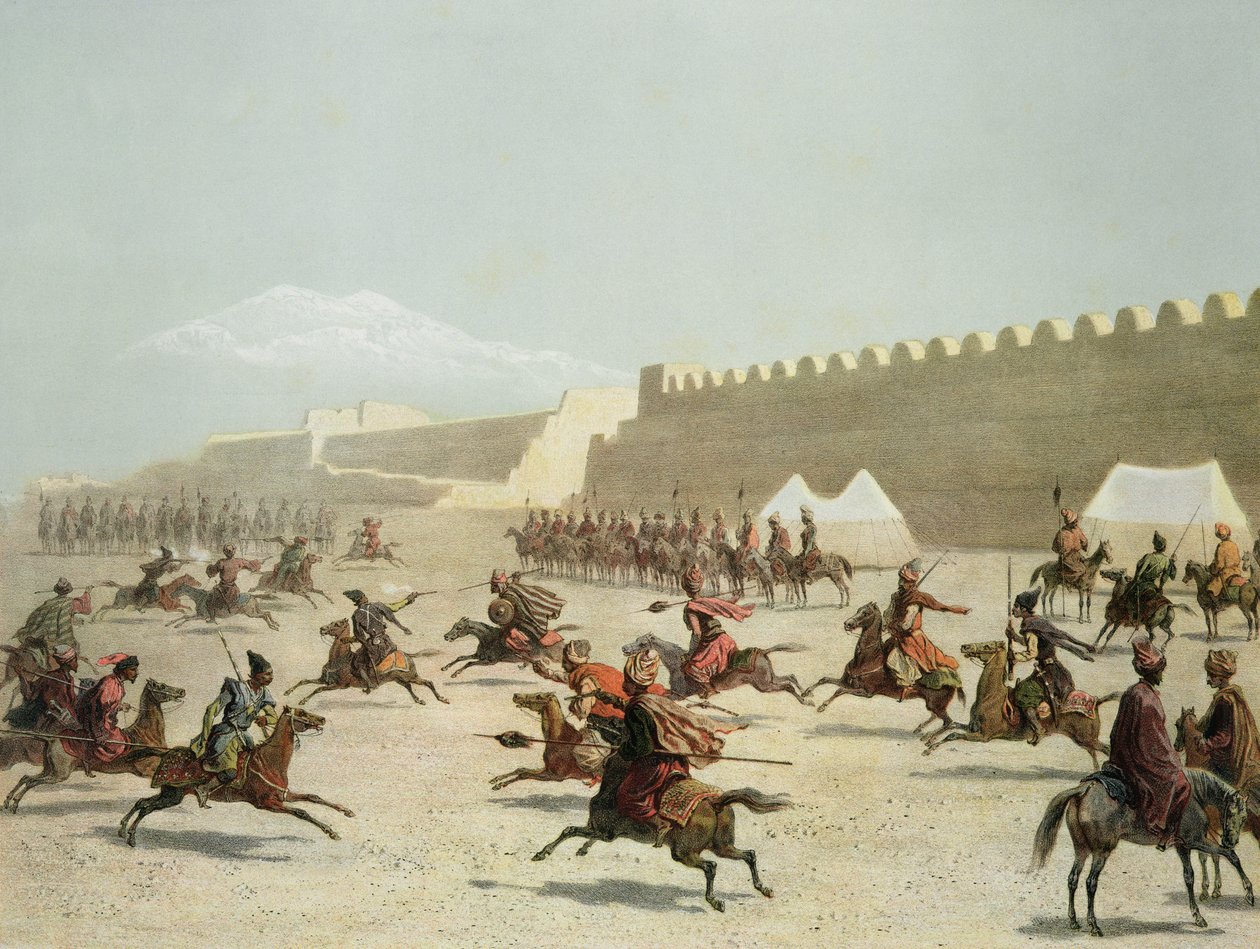Guerreros kurdos y tártaros en Sadar Abbat, Armenia, lámina 15 de un libro sobre el Cáucaso, Rayot y Jacottet, publicado por Alfred Leon Lemercier, París, 1847 de Grigori Grigorevich Gagarin