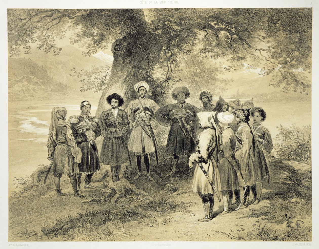 Reunión de Príncipes Tcherkesse, Valle de Sodja, en el Mar Negro, lámina 3 de un libro sobre el Cáucaso, grabado por Adolphe Mouilleron (1820-81), publicado por Alfred Leon Lemercier, París, 1847 de Grigori Grigorevich Gagarin