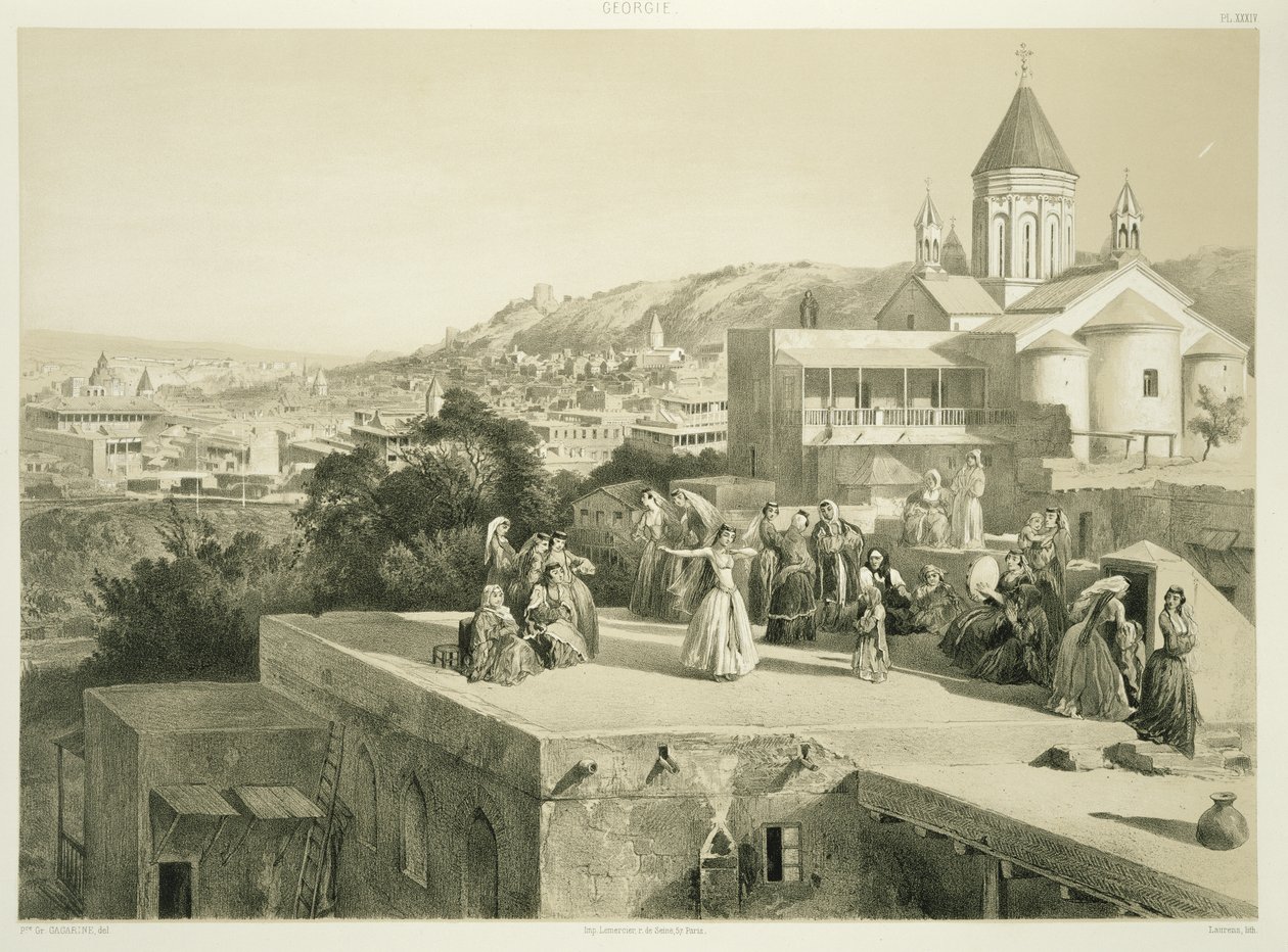 Las terrazas de Tiflis, Georgia, lámina 34 de un libro sobre el Cáucaso, grabado por Laurens, publicado por Alfred Leon Lemercier, París, 1847 de Grigori Grigorevich Gagarin