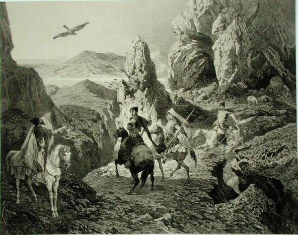 Caza de Halcones cerca de Ereván, Armenia, lámina 20 de un libro sobre el Cáucaso, grabado por Eugene Ciceri y Adolphe Jean-Baptiste Bayot, publicado por Alfred Leon Lemercier, París de Grigori Grigorevich (after) Gagarin