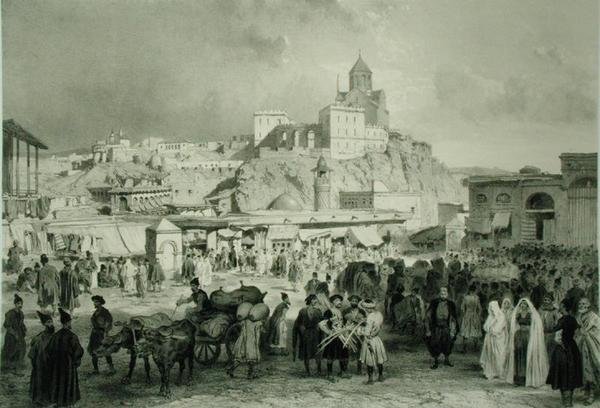 El bazar en la plaza Maidan, Tiflis, Georgia, lámina 25 de un libro sobre el Cáucaso, grabado por Adolphe Jean-Baptiste Bayot (1810-66) y Eugene Ciceri (1813-90), publicado por Alfred Leon Lemercier, París de Grigori Grigorevich (after) Gagarin