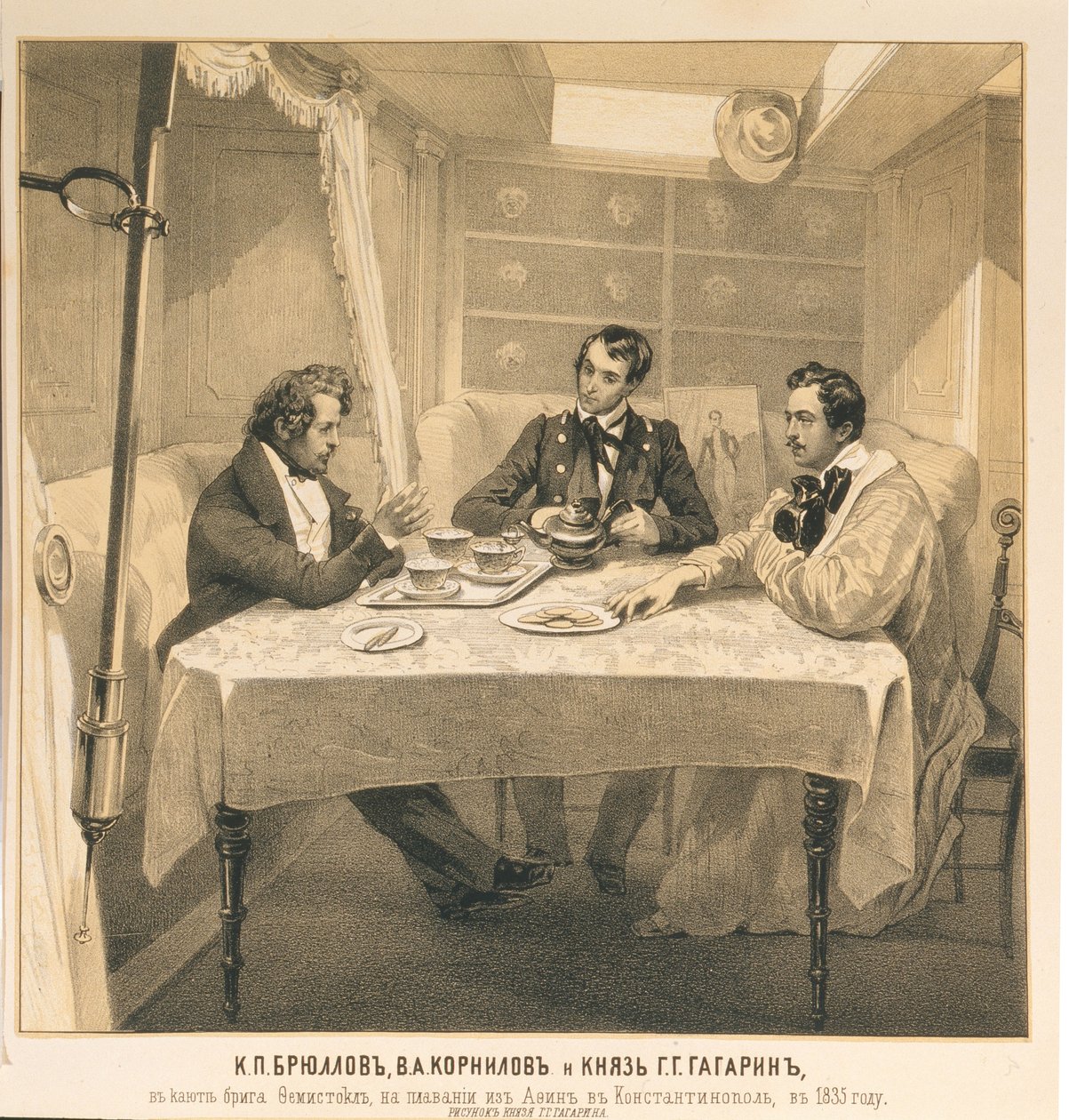 Karl Bryullov, Vladimir Kornilov y el Conde Grigori Gagarin a bordo del bergantín Themistocles, 1835 de Grigori Grigorevich Gagarin