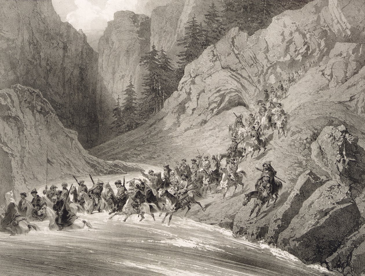 Tcherkersseians en una incursión cerca del Mar Negro, lámina 4, de un libro sobre el Cáucaso, grabado por Eugene Ciceri (1813-90) y Adolphe Jean-Baptiste Bayot (1810-66), publicado por Alfred Leon Lemercier de Grigori Grigorevich Gagarin