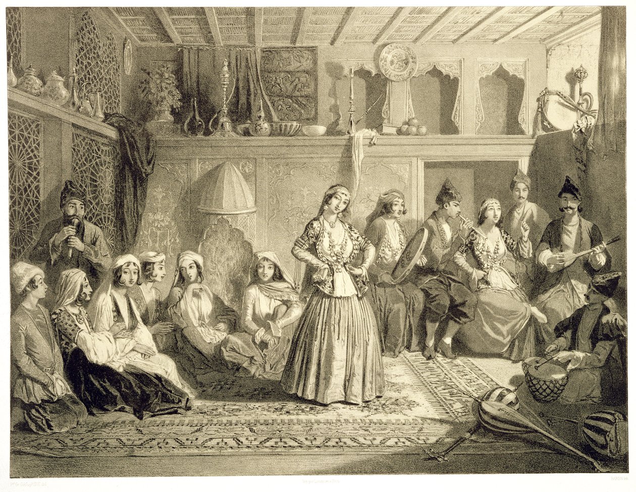 La sala de descanso cerca de los baños en Shemakha, en la estepa de Shirvanskaya, lámina 40 de un libro sobre el Cáucaso, grabado por Charles Claude Bachelier y Adolphe Bayot, publicado por Alfred Leon Lemerci de Grigori Grigorevich Gagarin