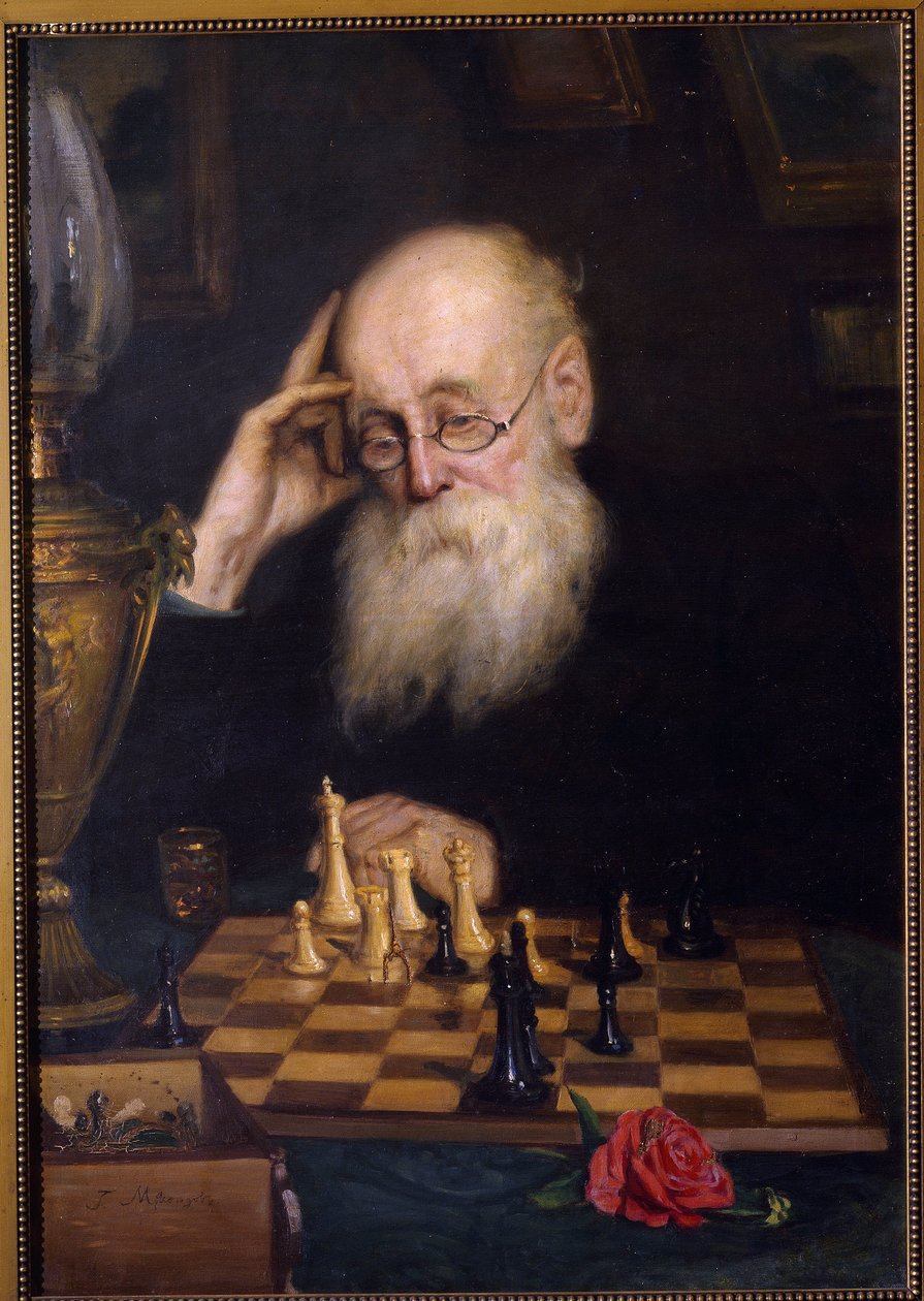 Les echecs contre soi meme (El ajedrez consigo mismo). Peinture de Grigori (Grigoriy, Grigory) Grigoryevich Myasoyedov (Myasoedov, Miasoedov) (1834-1911), huile sur toile de Grigori Grigoryevich Myasoedov