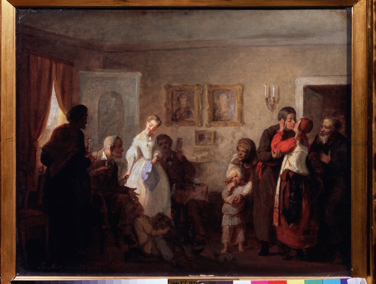 Felicitaciones a la pareja recién casada en una casa solariega. Pintura de Grigori (Grigoriy, Grigory) Grigoryevich Myasoyedov (Myasoedov, Miasoedov) (1834-1911), óleo sobre lienzo de Grigori Grigoryevich Myasoedov